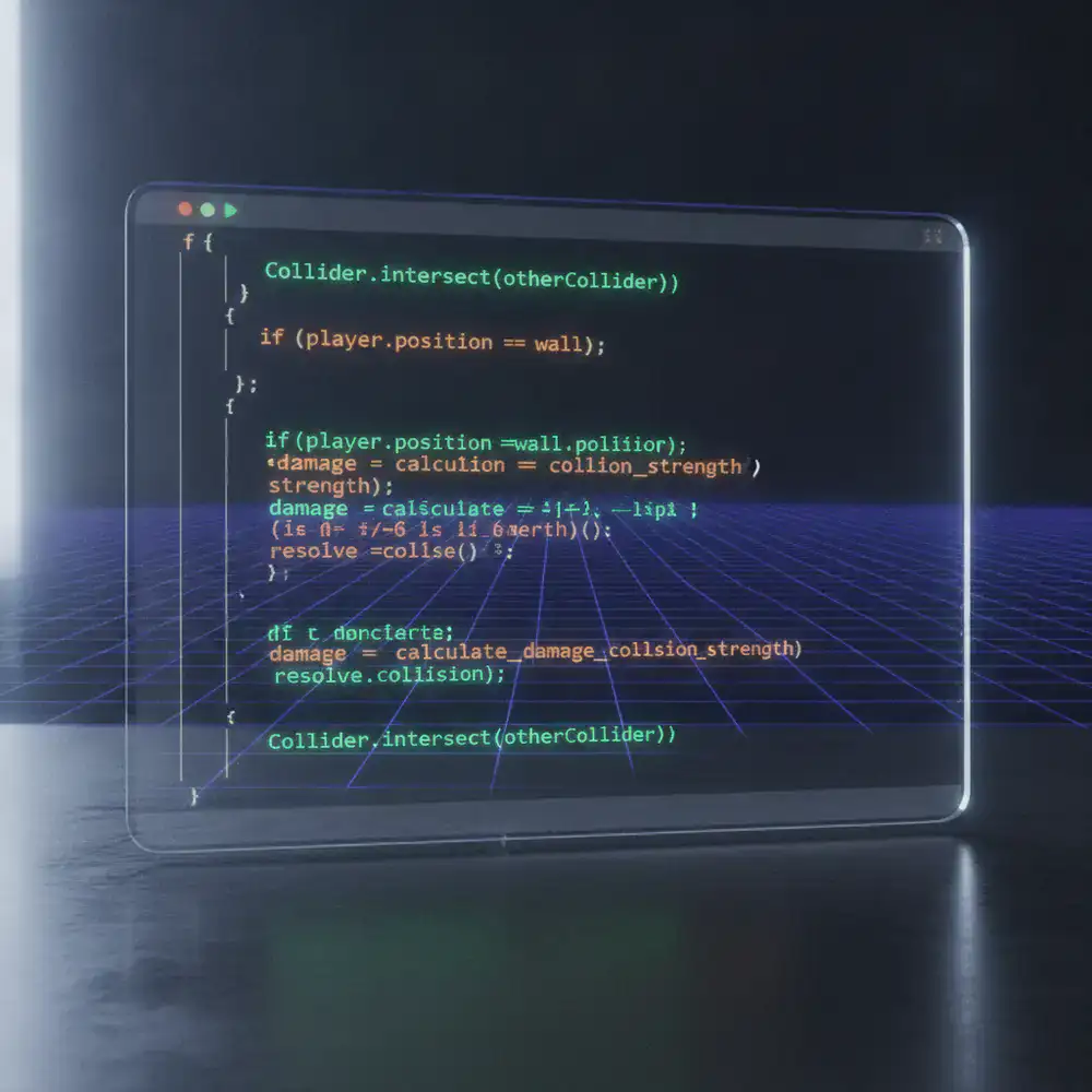 Code editor displaying game collision logic over a dark grid background