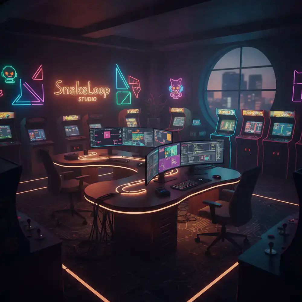 SnakeLoop Studio arcade office with neon lights and monitors