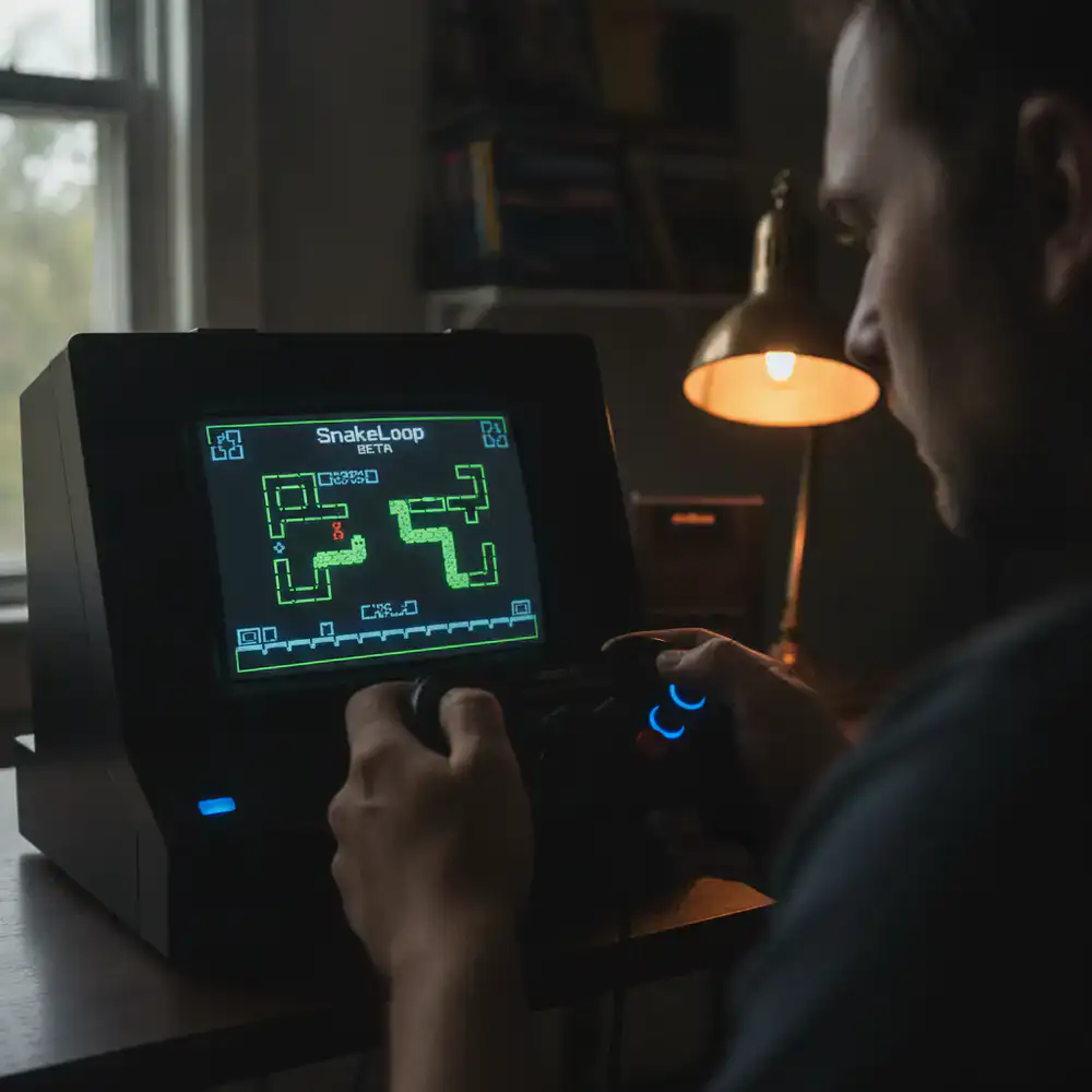 Player holding a controller evaluating SnakeLoop game beta