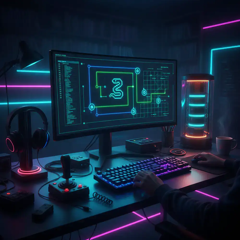 Developer workspace showing snake game logic on a dark screen with neon accents