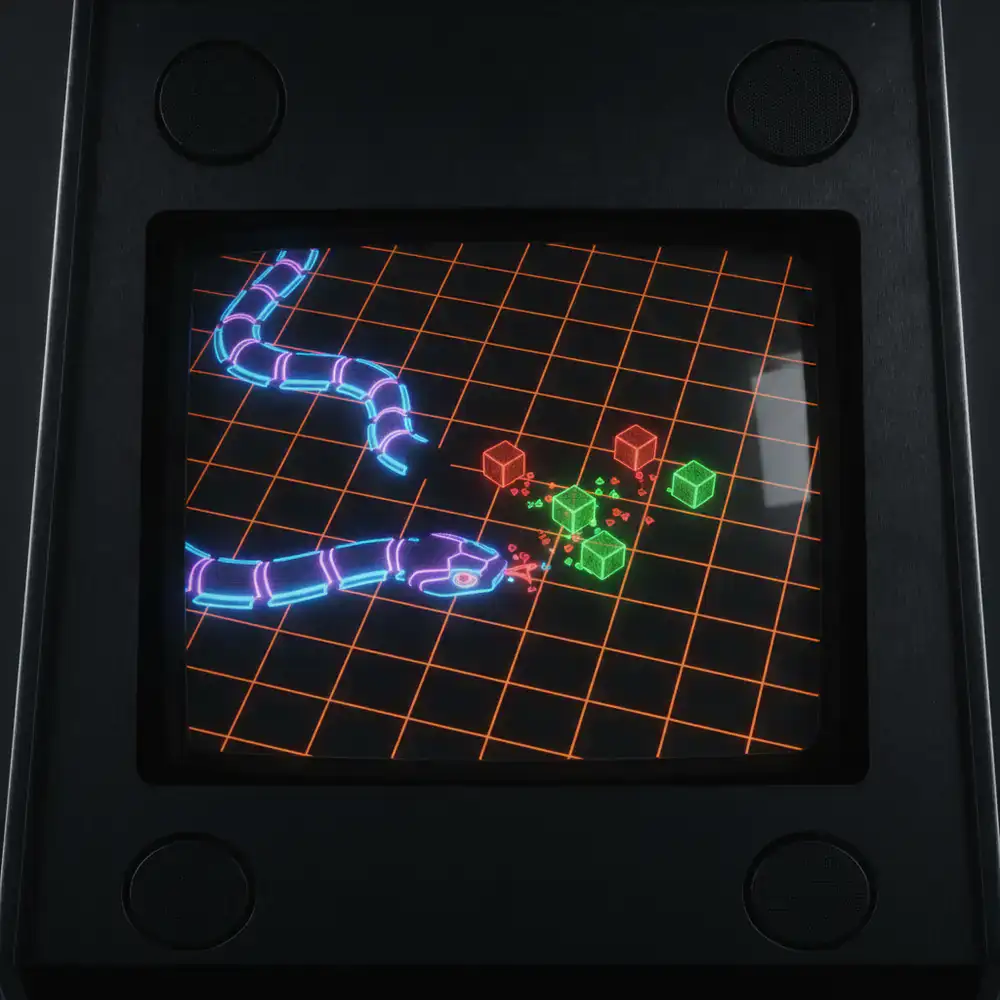 Gameplay snippet showing the neon snake collecting digital food on a high-contrast grid
