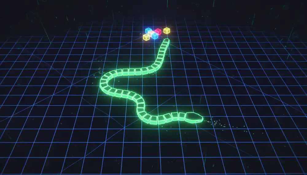 Top-down view of the neon green snake navigating a dark digital grid toward glowing food items.