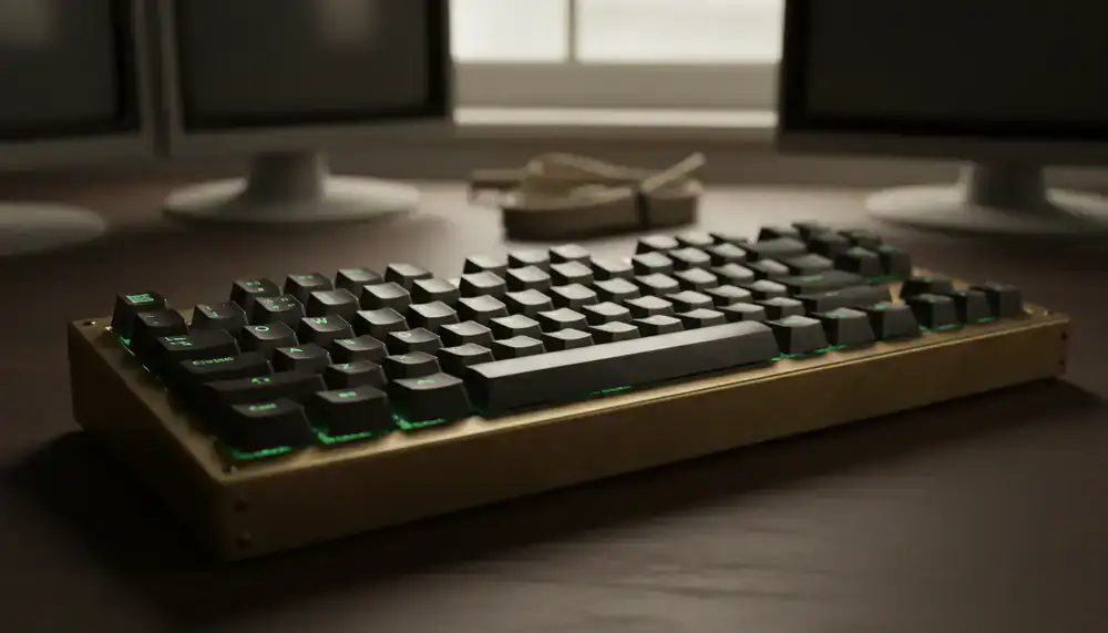 A mechanical keyboard with glowing green WASD keys.