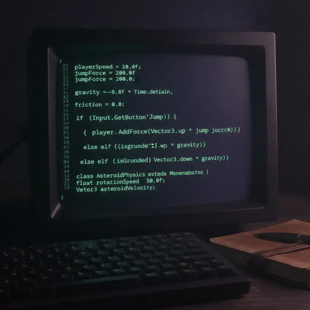 Close-up view of game logic code and physics parameters visible on a dark IDE background.