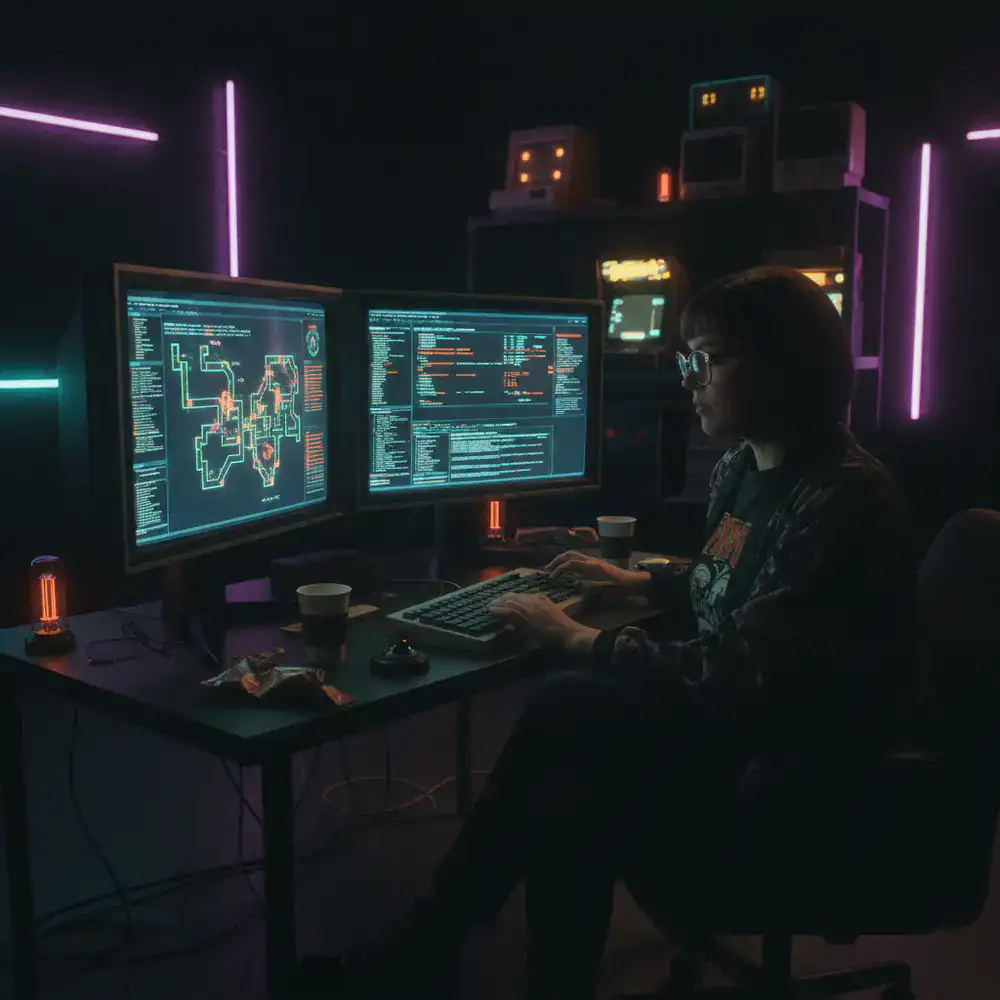 Quality assurance engineer reviewing game telemetry data on dual monitors in a dark studio