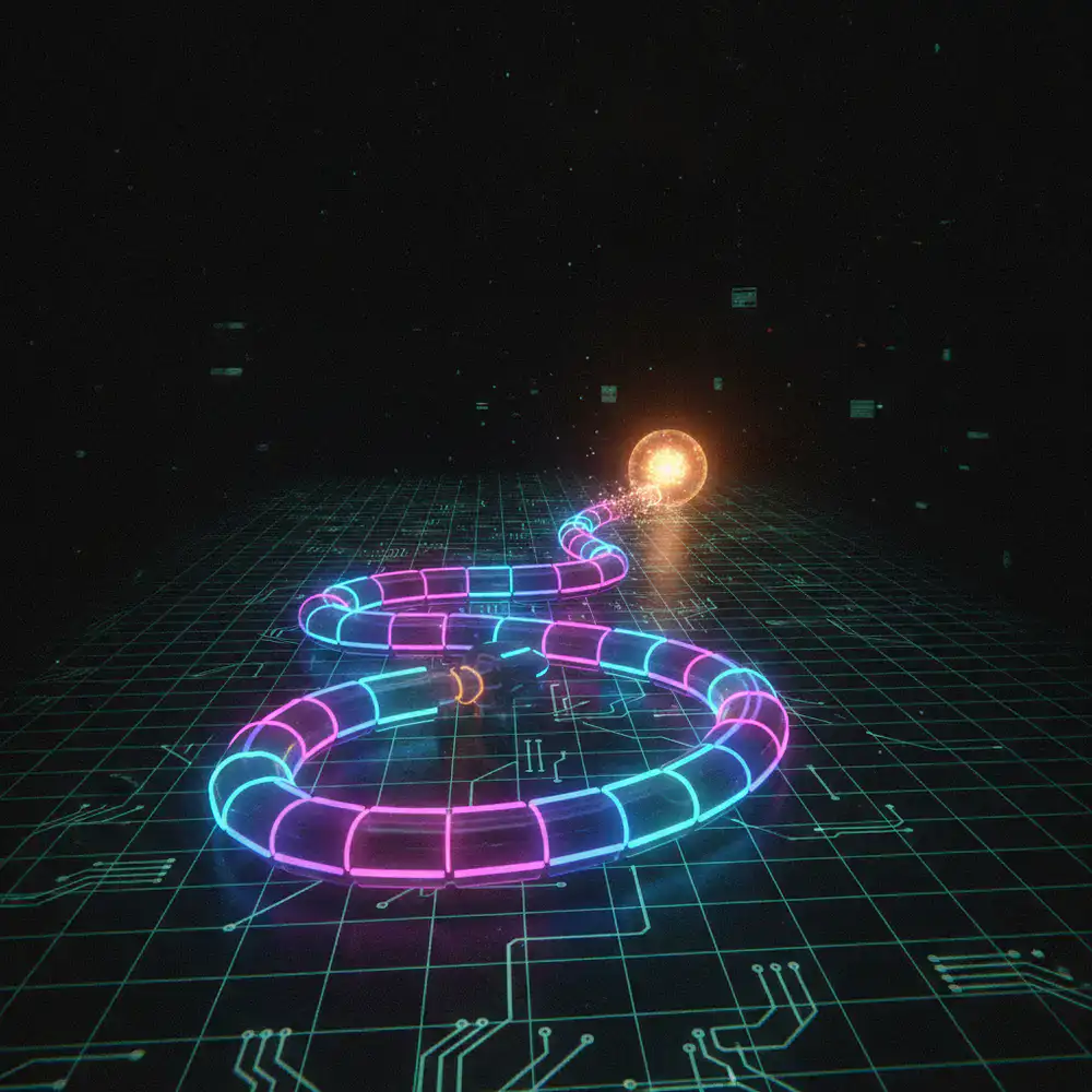 Neon snake navigating the digital grid toward a glowing target