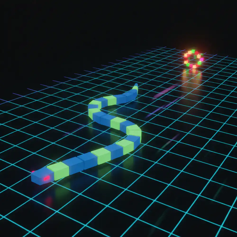 Diagnostic view of the snake entity approaching a neon food spawn point on a grid