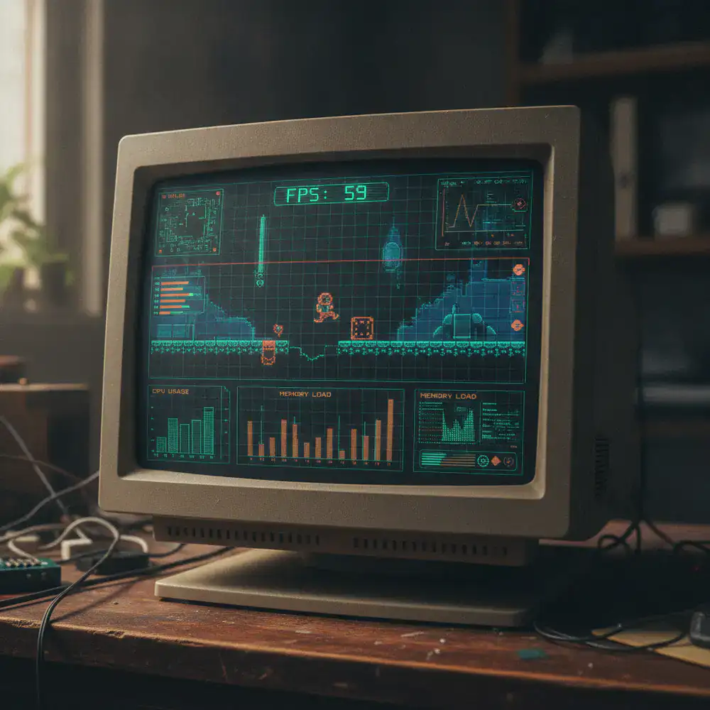 Screen showing game testing interface with debug overlay active